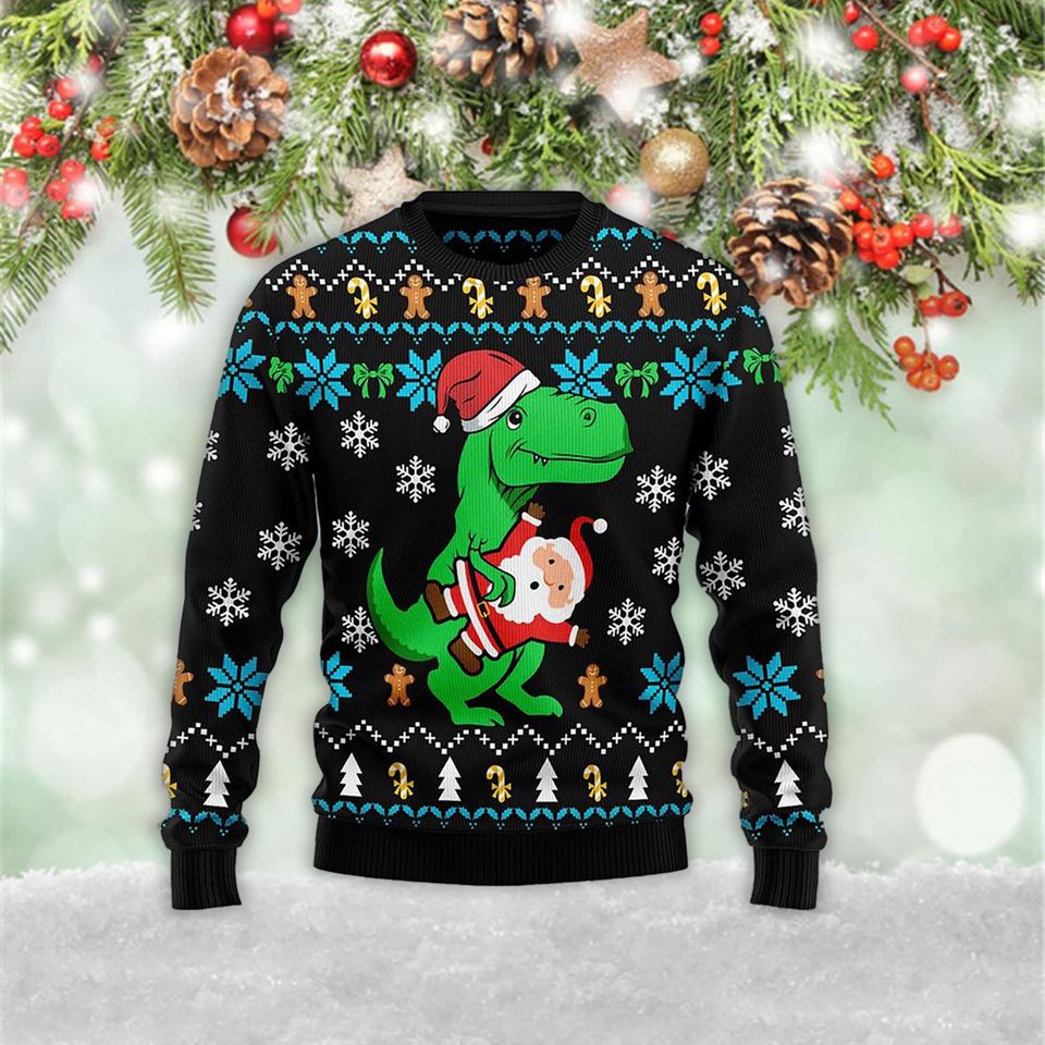 Dinosaur And Santa Claus 3D Ugly Christmas Zip Hoodie Pullover 3D Sweater