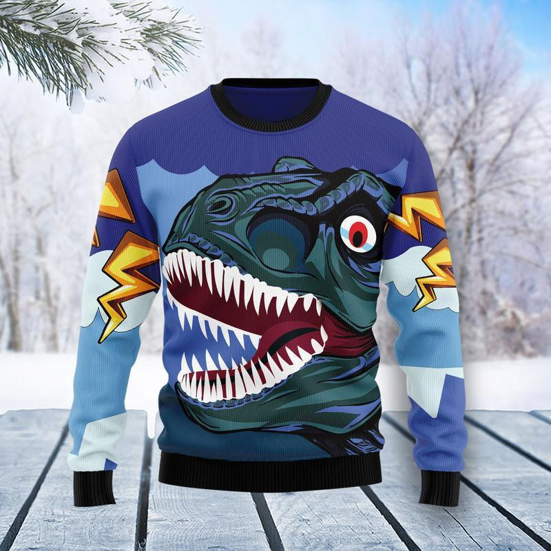 Dinosaur Face Ugly Christmas Sweater Adult 3D Funny Matching for family