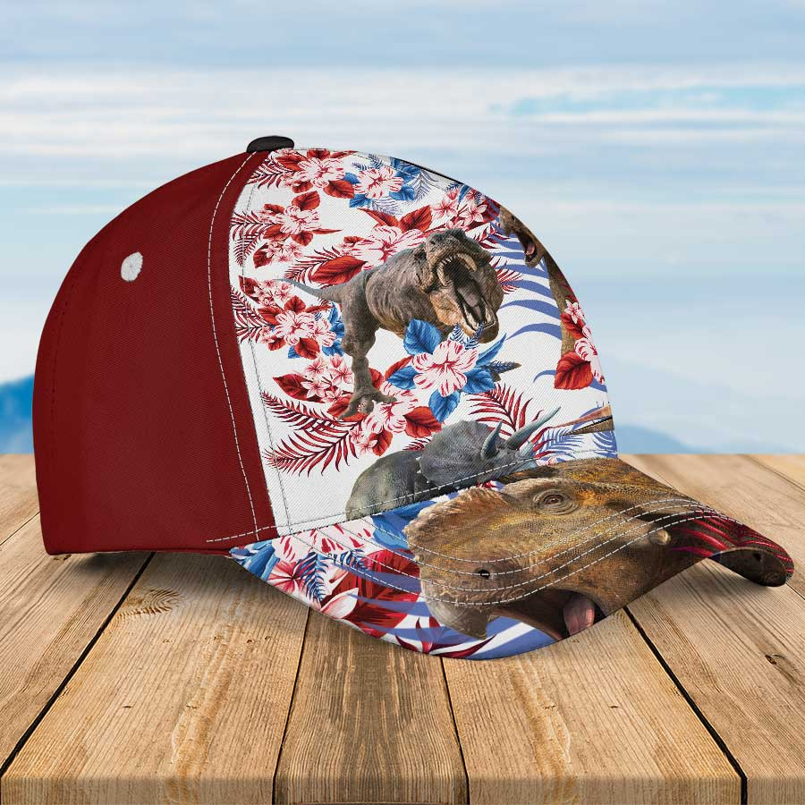Dinosaur Lovers Hawaiian Hat Cap, Dinosaur Aloha Flowers Summer Hats for Men Trucker Hats Custom Hats Gifts For Men & Women