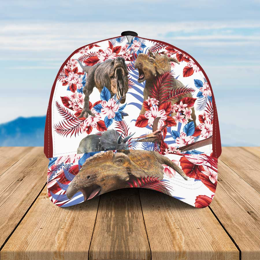 Dinosaur Lovers Hawaiian Hat Cap, Dinosaur Aloha Flowers Summer Hats for Men Trucker Hats Custom Hats Gifts For Men & Women