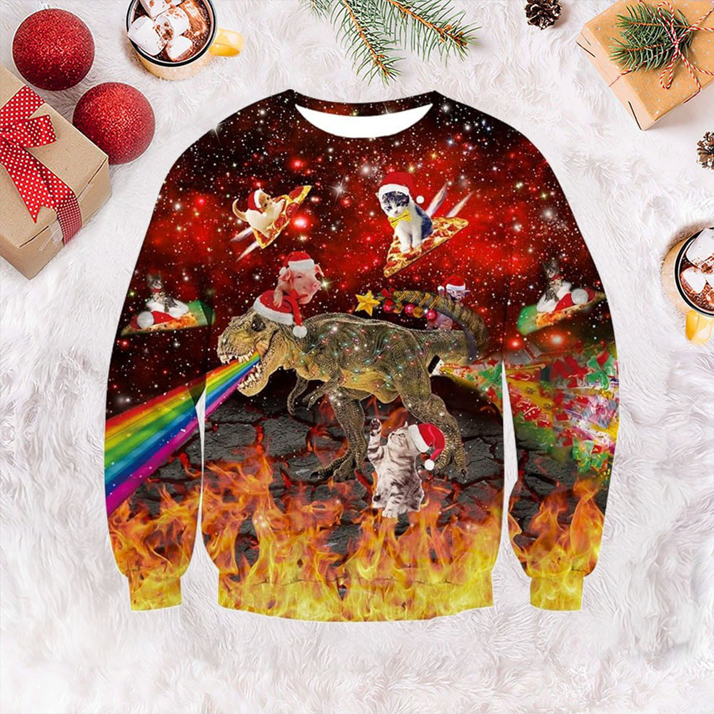 Dinosaur Pig And Cat Ugly Christmas Sweater Funny Xmas Sweaters Gifts For Holiday