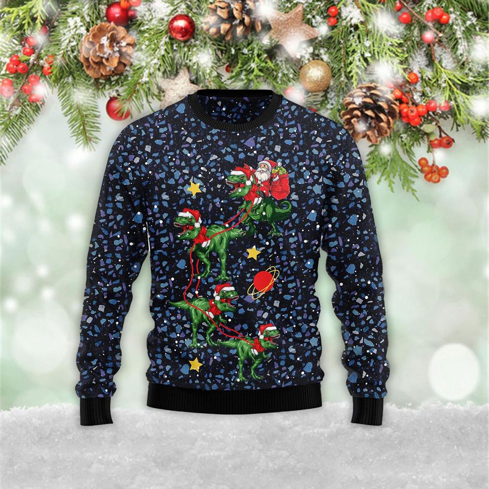 Dinosaur Reindeer With Santa Funny  3D Ugly Christmas Zip Sweater