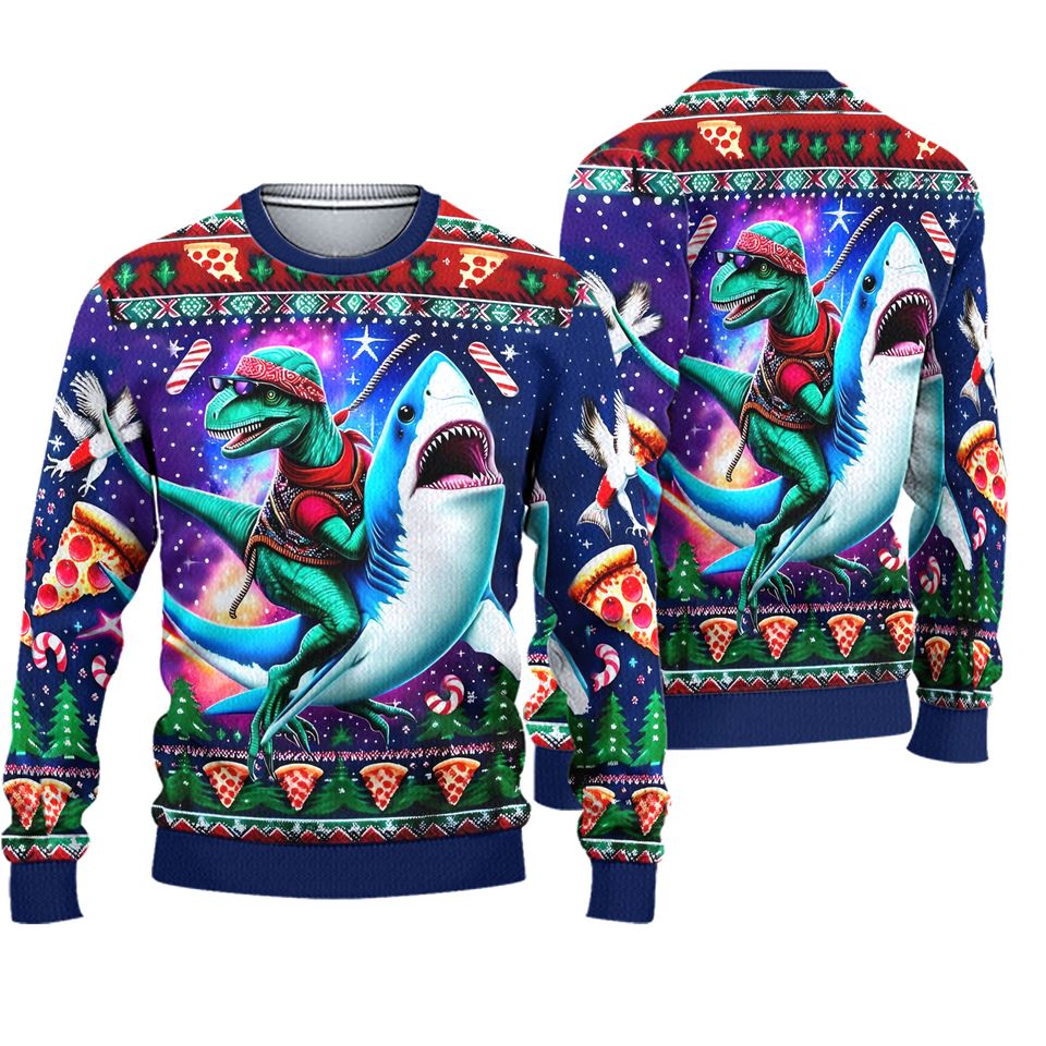 Dinosaur Riding Shark Christmas Ugly Sweater, Dinosaur Sweater