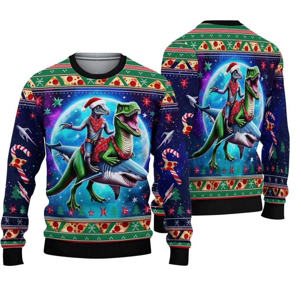 Dinosaur Riding Shark Ugly Christmas Sweater