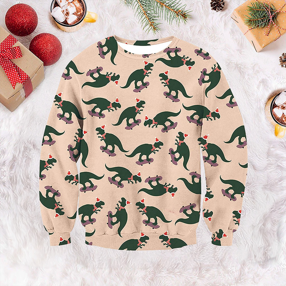 Dinosaur Riding Skateboard Ugly Christmas Sweater Merry Christmas Sweater Gift For Dudes