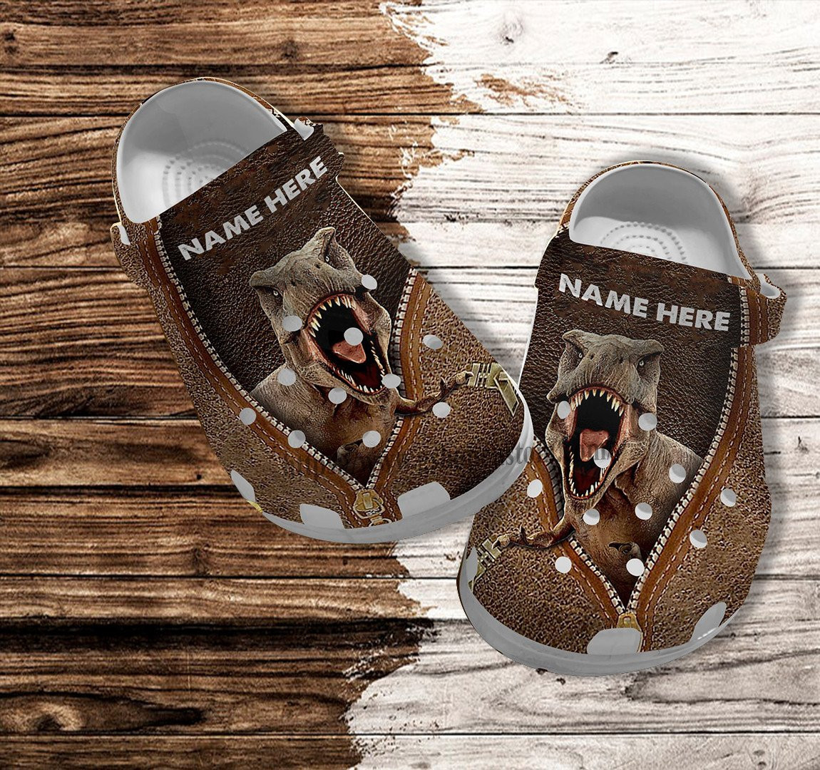 Dinosaur T-Rex Roar Leather Croc Shoes Gift Husband- Scary Dinosaur Shoes Croc Clogs Gift Men Women