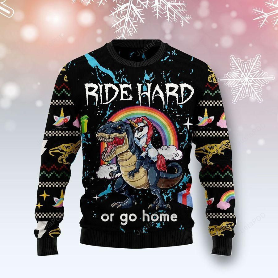 Dinosaur Unicorn Ride Hard Ugly Christmas Sweater Adult 3D Funny Matching for family