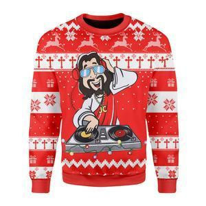 DJ Jesus Ugly Christmas Sweater Adult 3D Funny Matching for family