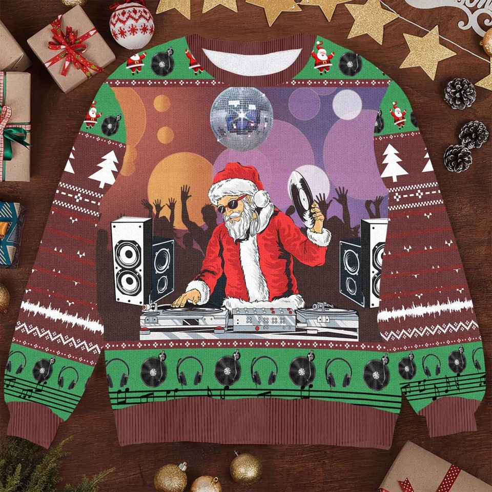 DJ Santa Christmas Ugly Sweater, Funny Santa DJ Xmas Sweater