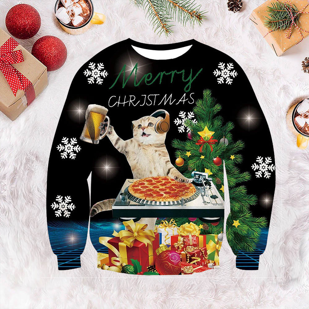 DJing Beer Pizza Cat Ugly Christmas Sweater Merry Christmas Sweater Gift For Cat Lovers
