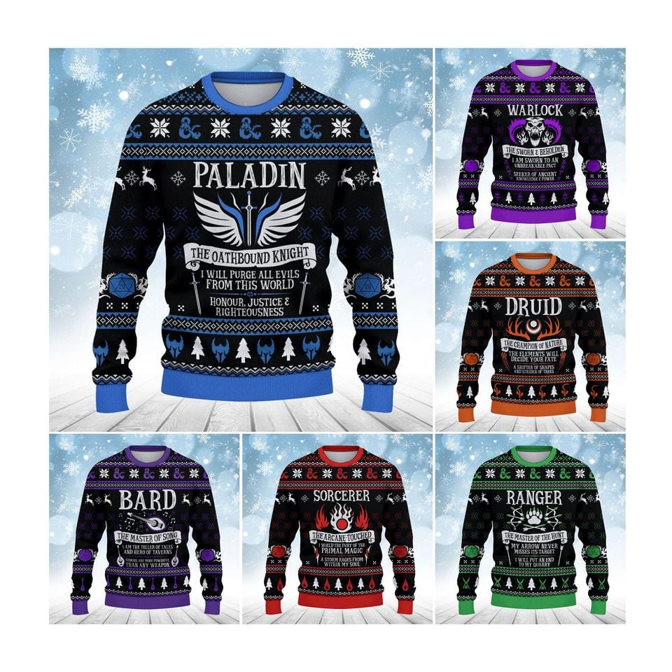DND Dungeons & Dragons All Classes Collection Ugly Christmas Sweater