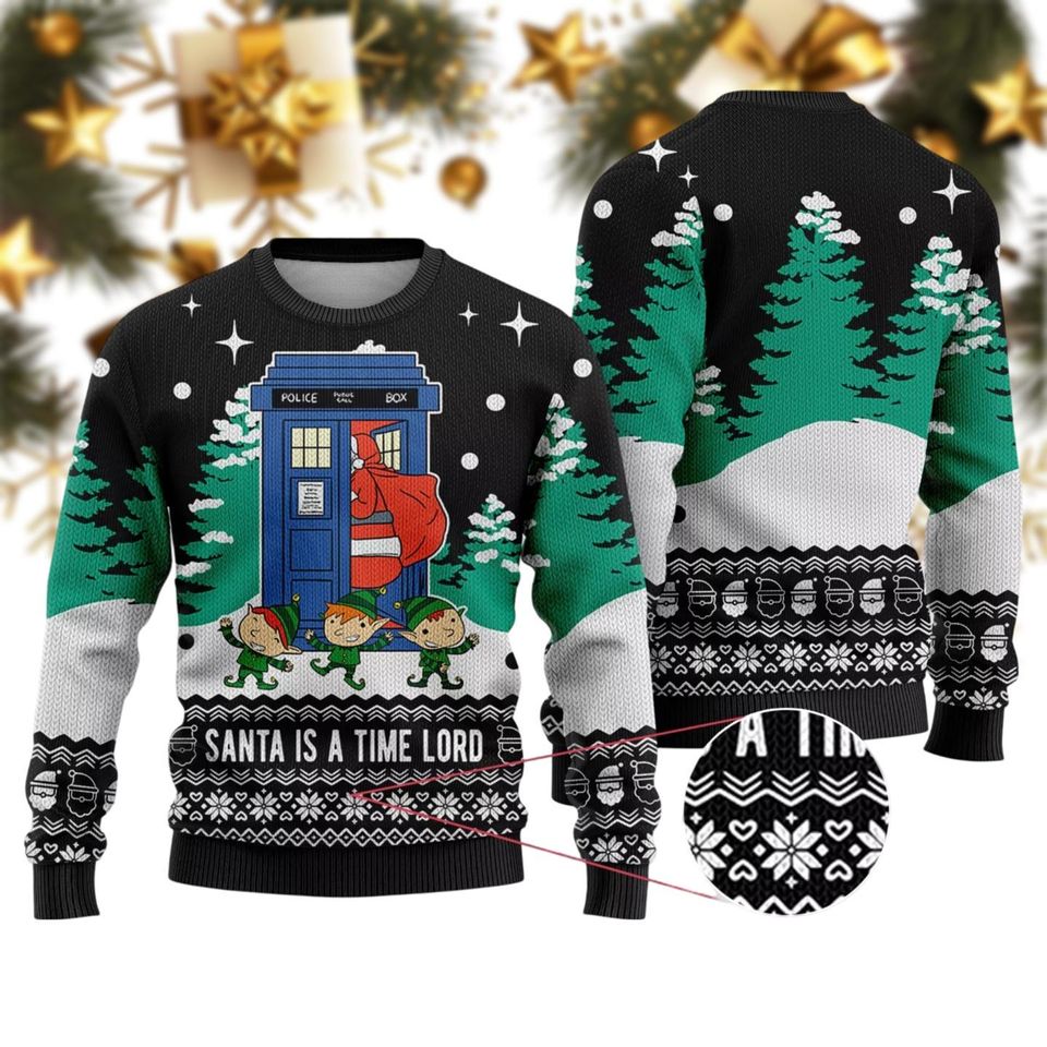 Doctor Who Christmas Ugly Sweater, Tardis Santa Xmas Sweatshirt, Police Box Shirt - Image 2