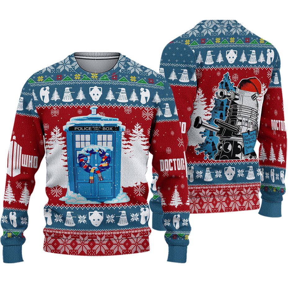 Doctor Who Merry Christmas Ugly Sweater, Police Box Xmas Sweater