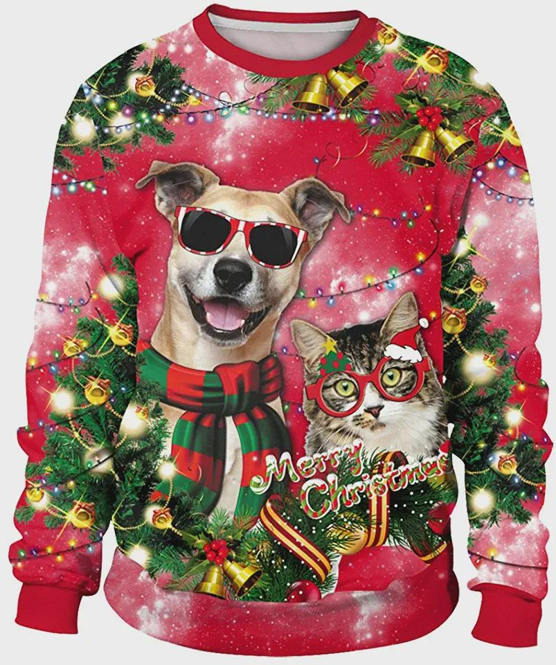 Dog And Cat Merry Christmas Ugly Christmas Sweater Adult 3D Funny Matching for family