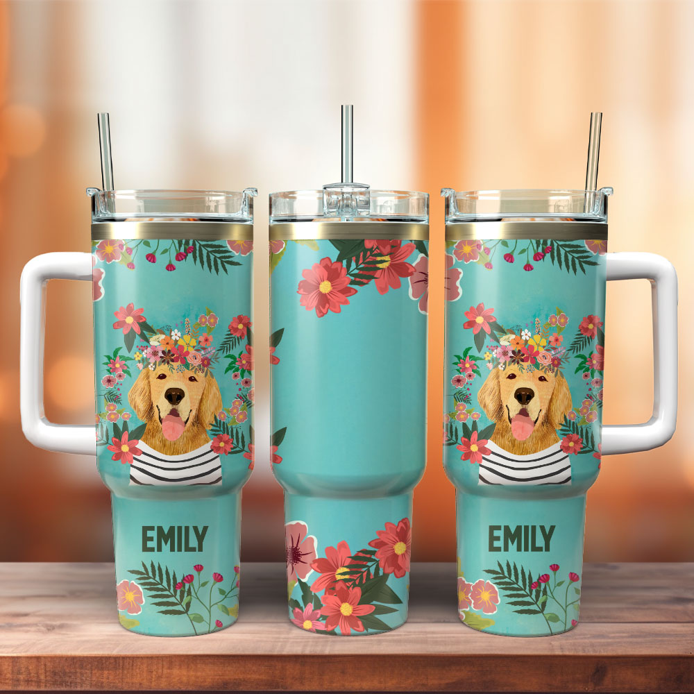 Dog and Flowers Custom Stanley Cup 40 oz 30 oz Tumbler With HandleTVC2301251
