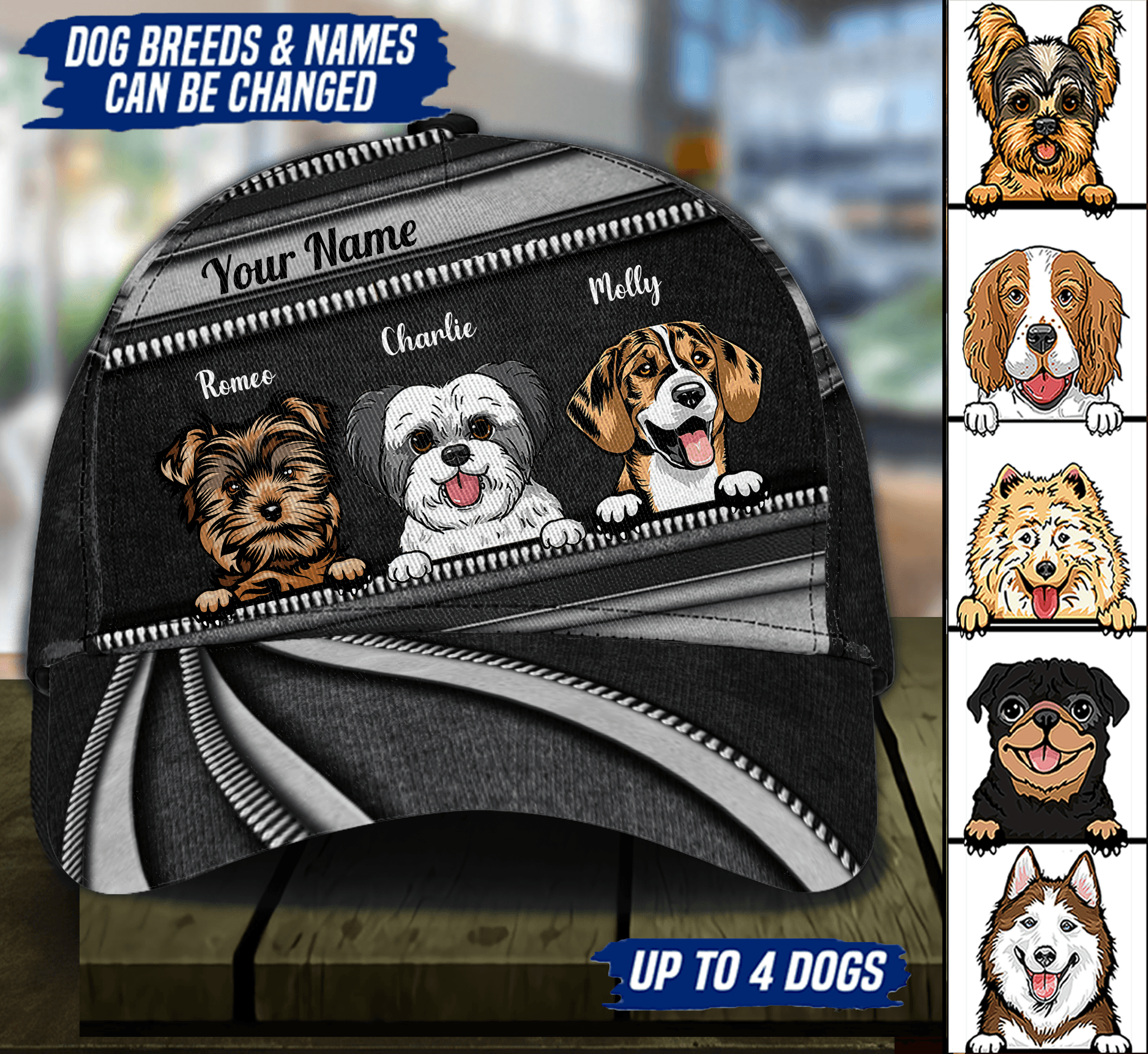 Dog Black Zipper Layers Personalized Cap, Personalized Gift for Dog Lovers, Dog Dad, Dog Mom Trucker Hats Custom Hats Gifts For Men & Women