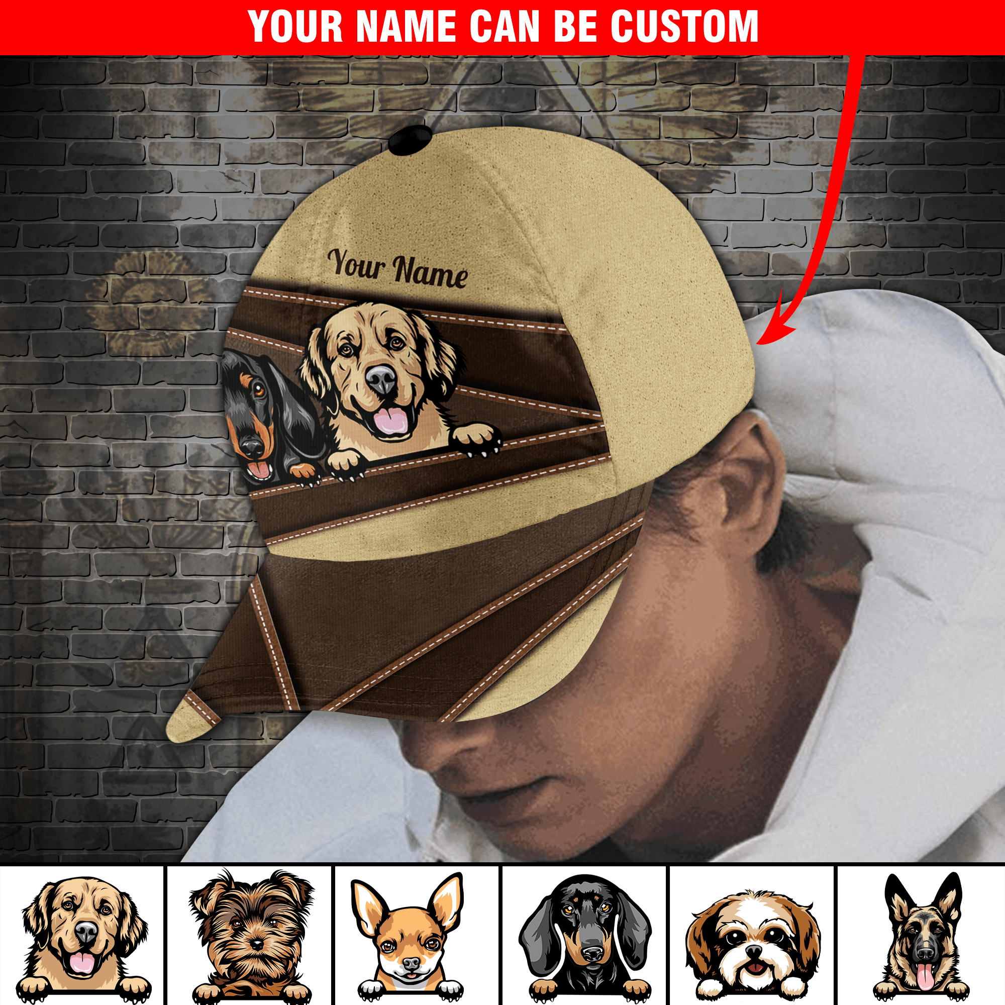 Dog Brown And Yellow Pattern Personalized Classic Cap, Personalized Gift for Dog Lovers, Dog Dad, Dog Mom Trucker Hats Custom Hats Gifts For Men & Women