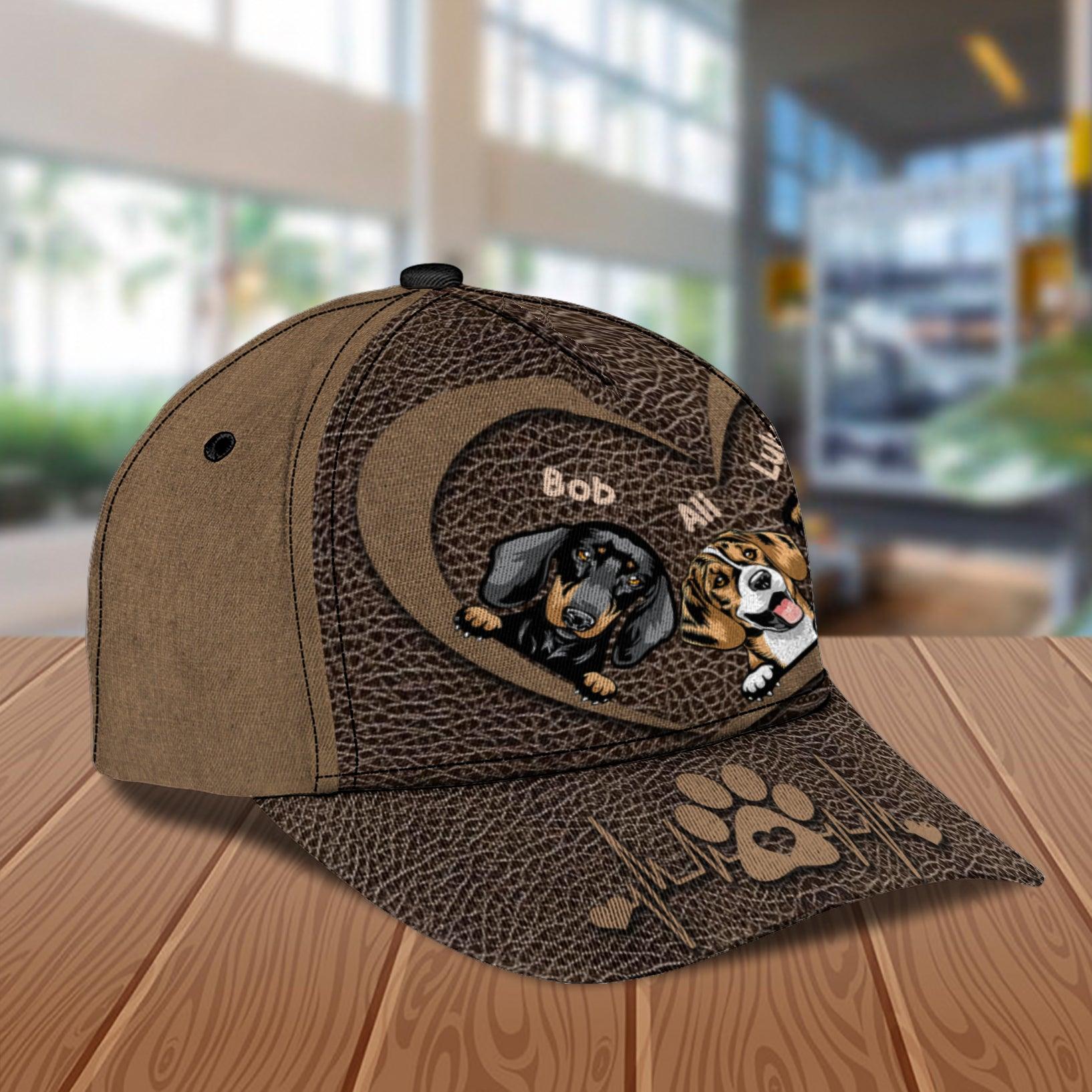 Dog Brown Leather Heart Personalized Classic Cap, Personalized Gift for Dog Lovers, Dog Dad, Dog Mom Trucker Hats Custom Hats Gifts For Men & Women