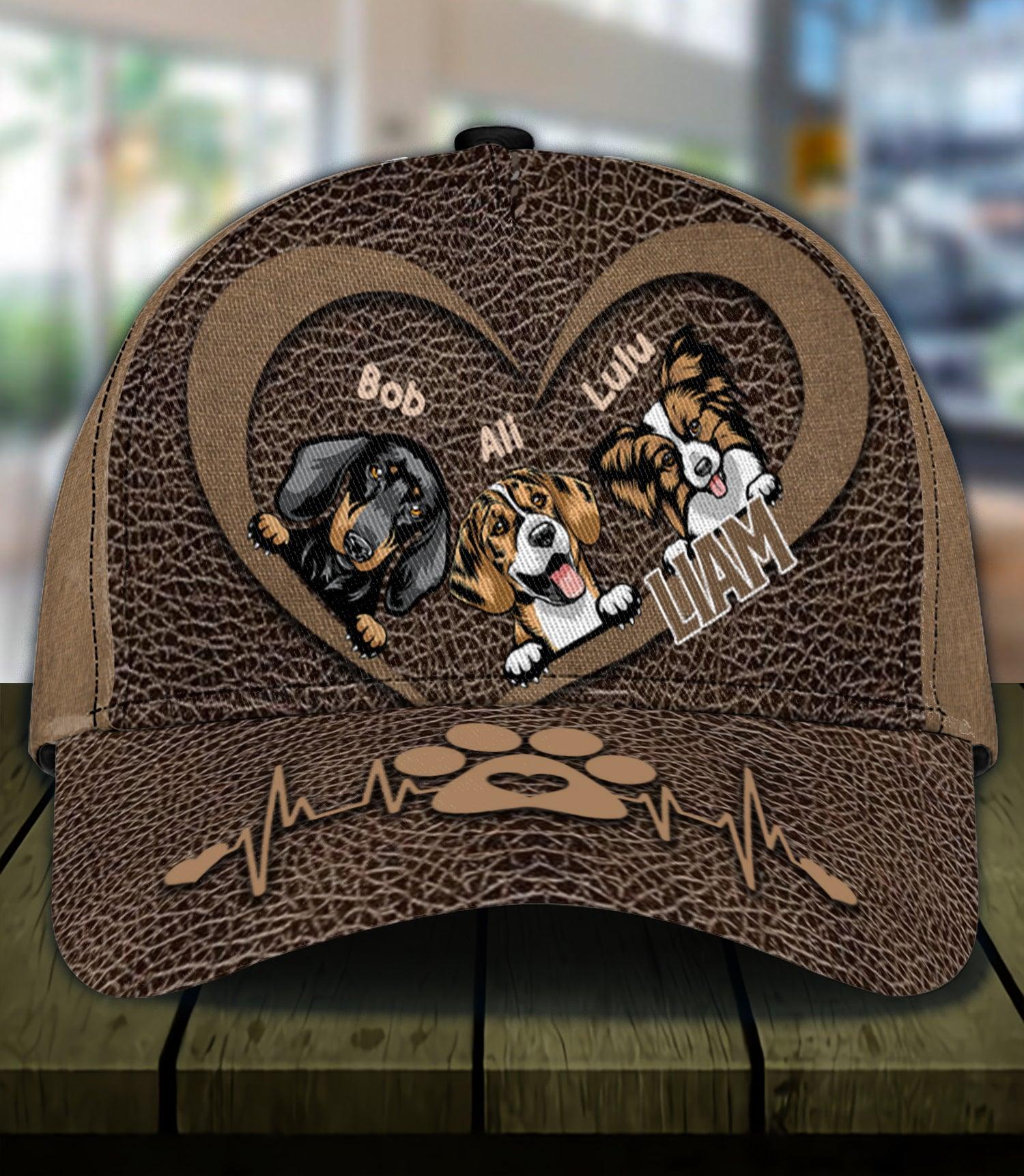 Dog Brown Leather Heart Personalized Classic Cap, Personalized Gift for Dog Lovers, Dog Dad, Dog Mom Trucker Hats Custom Hats Gifts For Men & Women