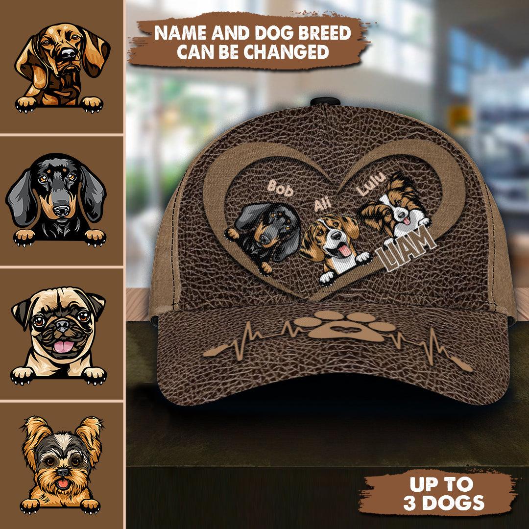 Dog Brown Leather Heart Personalized Classic Cap, Personalized Gift for Dog Lovers, Dog Dad, Dog Mom Trucker Hats Custom Hats Gifts For Men & Women