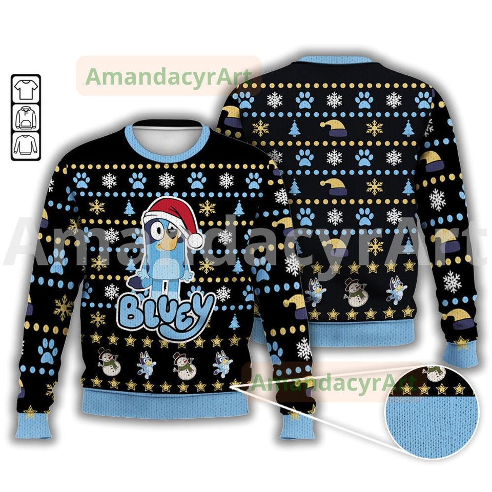 Dog Cartoon Family Ugly Sweater, Blue Dog Christmas Sweater