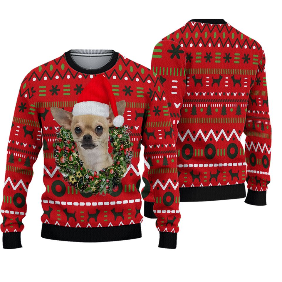 Dog Holiday Party For Friends Ugly Christmas Sweater, Chihuahua Dog Santa Red Hat Xmas