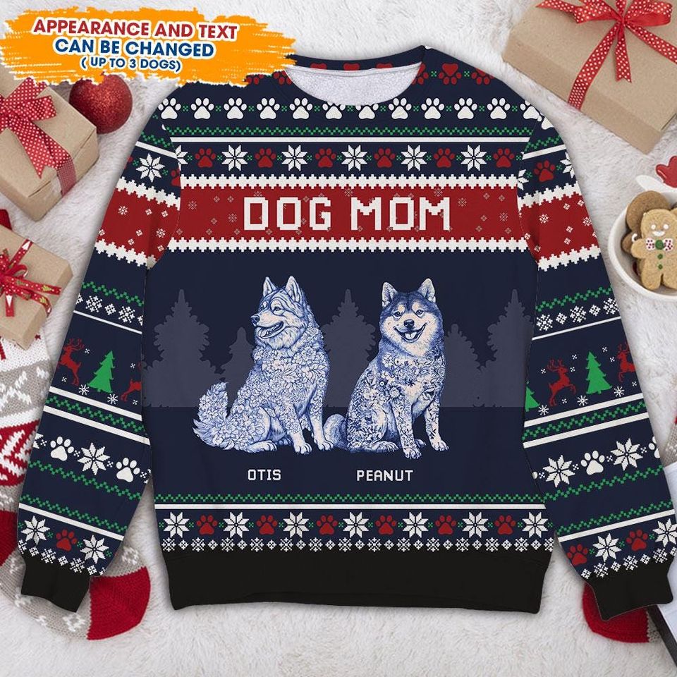 Dog Mom Dog Dad Ugly Christmas Sweater, Personalized Dog Lover Gift, Custom Pet Name Jumper, Unisex Holiday Sweater for Christmas - Image 6