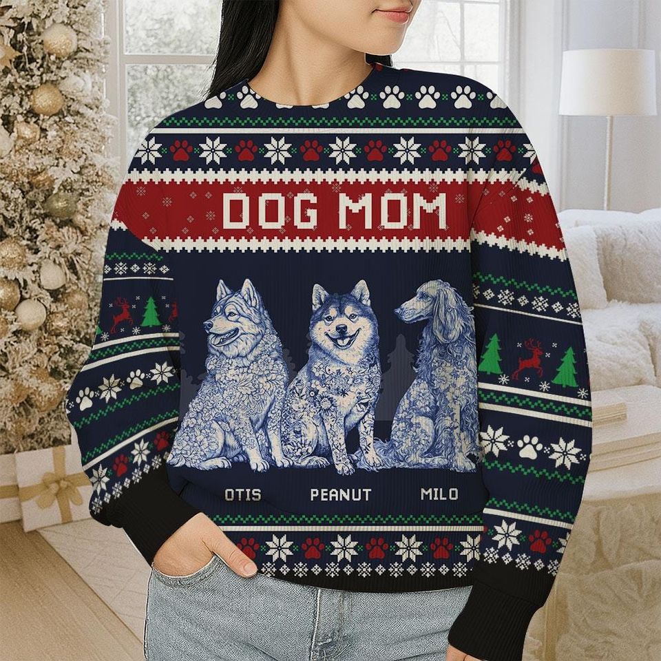 Dog Mom Dog Dad Ugly Christmas Sweater, Personalized Dog Lover Gift, Custom Pet Name Jumper, Unisex Holiday Sweater for Christmas - Image 3
