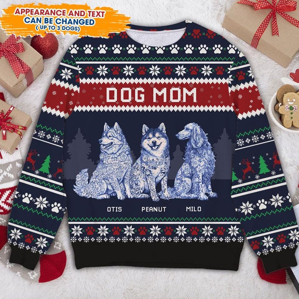 Dog Mom Dog Dad Ugly Christmas Sweater, Personalized Dog Lover Gift, Custom Pet Name Jumper, Unisex Holiday Sweater for Christmas - Image 8