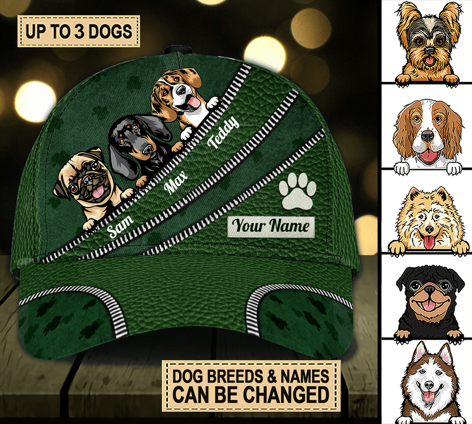 Dog Paw And Zippers Green Personalized Classic Cap, Personalized Gift for Dog Lovers, Dog Dad, Dog Mom Trucker Hats Custom Hats Gifts For Men & Women