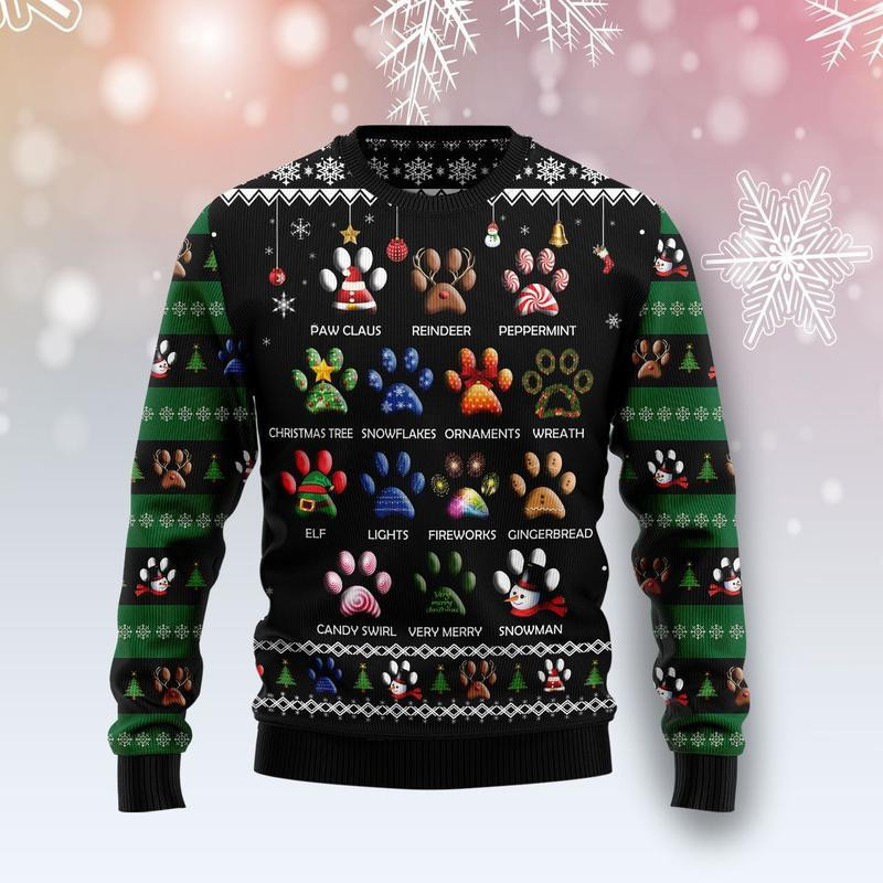 Dog Pawprint Ugly Christmas Sweater Adult 3D Funny Matching for family