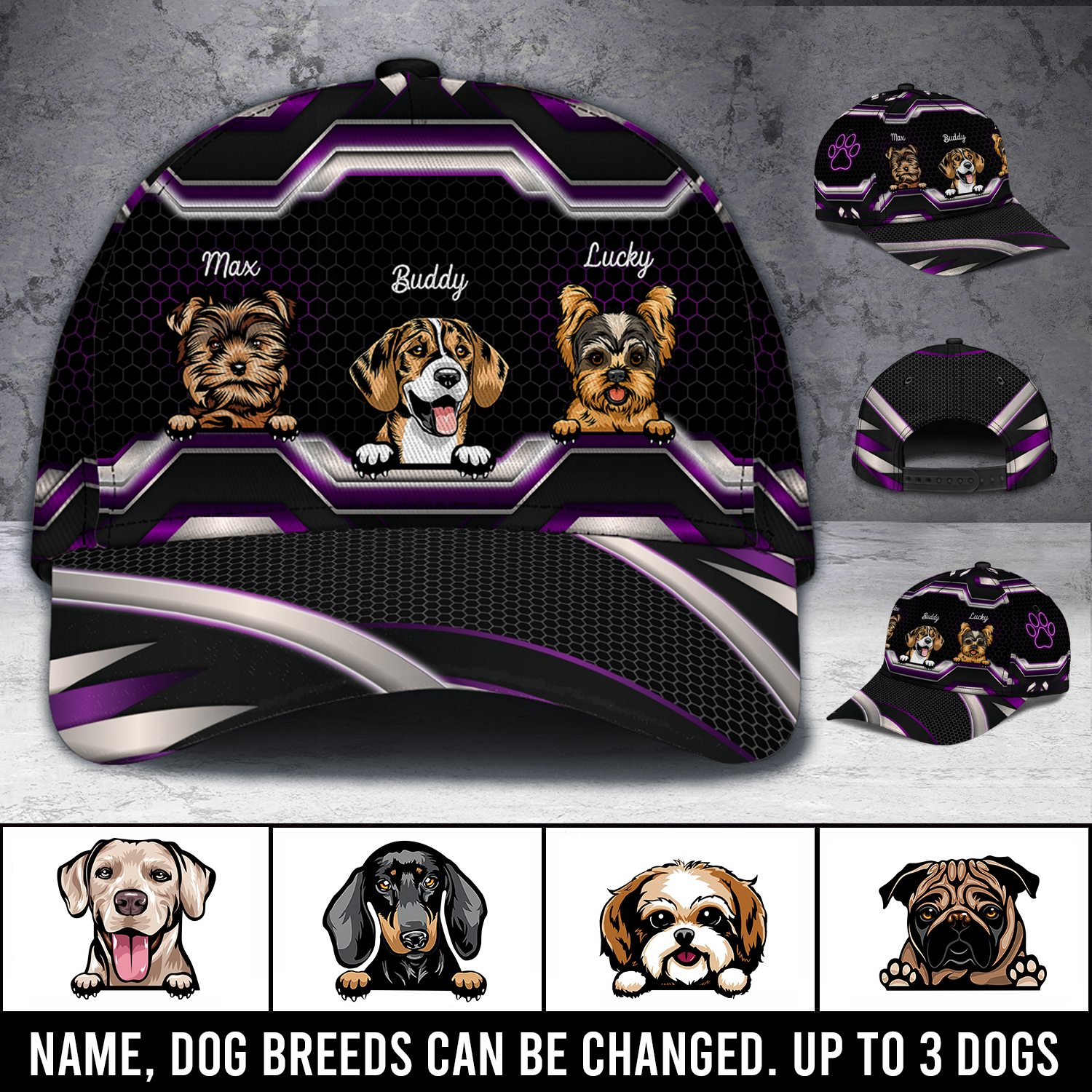 Dog Silver And Purple Pattern Personalized Classic Cap, Personalized Gift for Dog Lovers, Dog Dad, Dog Mom Trucker Hats Custom Hats Gifts For Men & Women