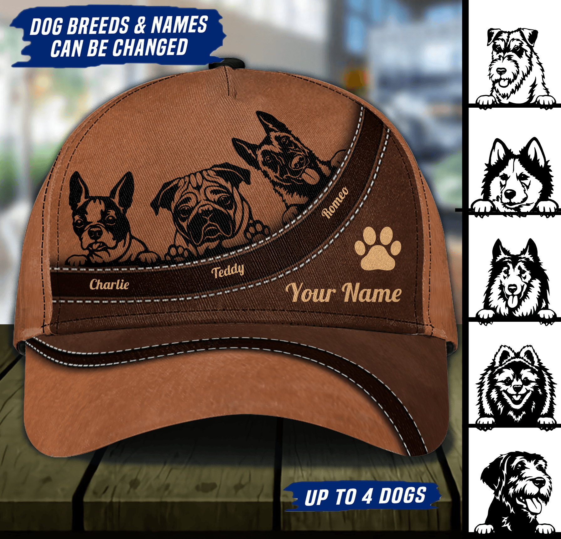 Dogs With Leather Pattern Personalized Classic Cap, Personalized Gift for Dog Lovers, Dog Dad, Dog Mom Trucker Hats Custom Hats Gifts For Men & Women