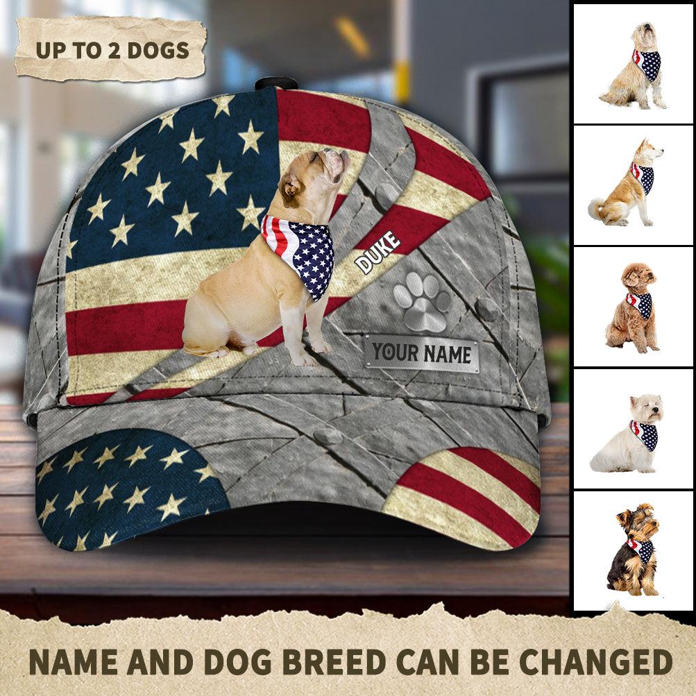 Dogs With USA Flag Background Personalized Classic Cap, Personalized Gift for Dog Lovers, Dog Dad, Dog Mom Trucker Hats Custom Hats Gifts For Men & Women