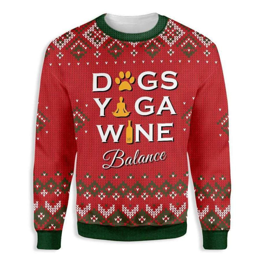 Dogs Yoga Wine Ugly Christmas Sweater Adult 3D Funny Matching for family