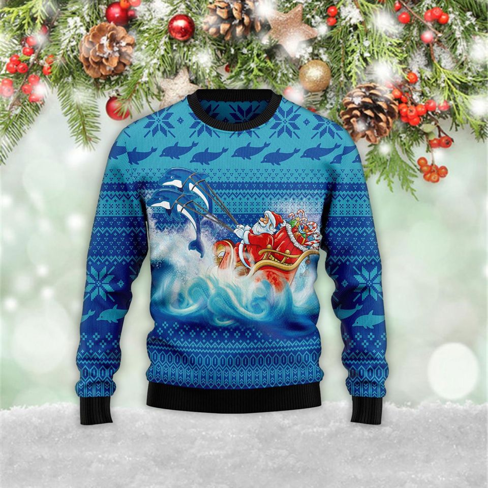 Dolphin Riding The Waves With Santa 3D Ugly Christmas Zip Sweater