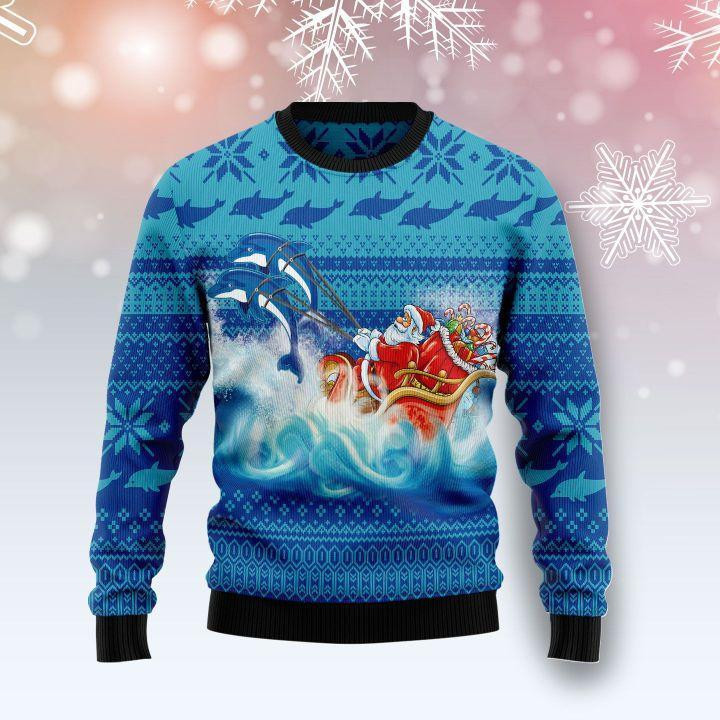 Dolphin Riding The Waves With Santa Ugly Christmas Sweater Adult 3D Funny Matching for family