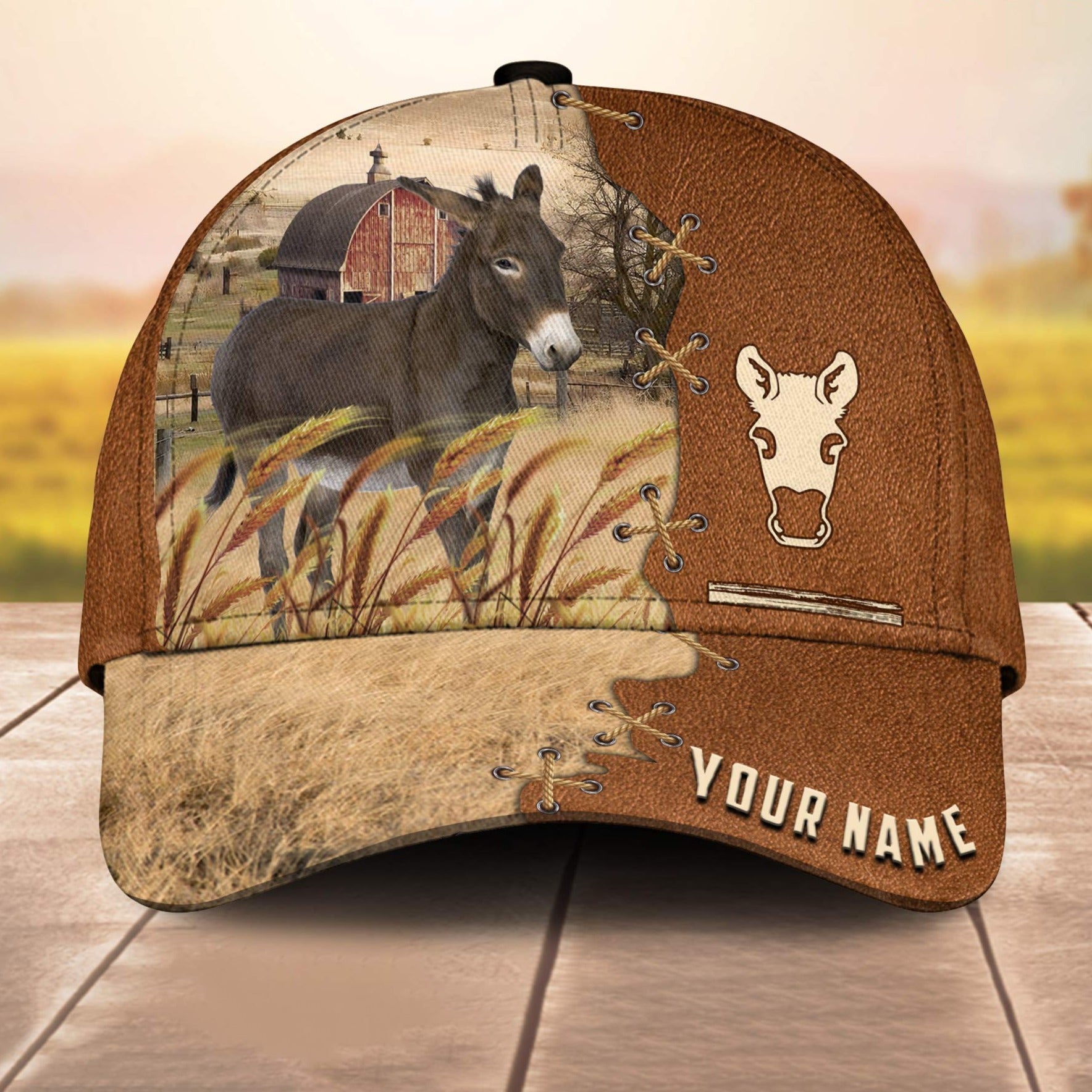 Donkey Custom Name Brown Leather Pattern 3D Cap 3D All Over Print Baseball Cap, Cap For Farm Lovers, Animal Cap, Leather Pattern Cap Trucker Hats Custom Hats Gifts For Men & Women