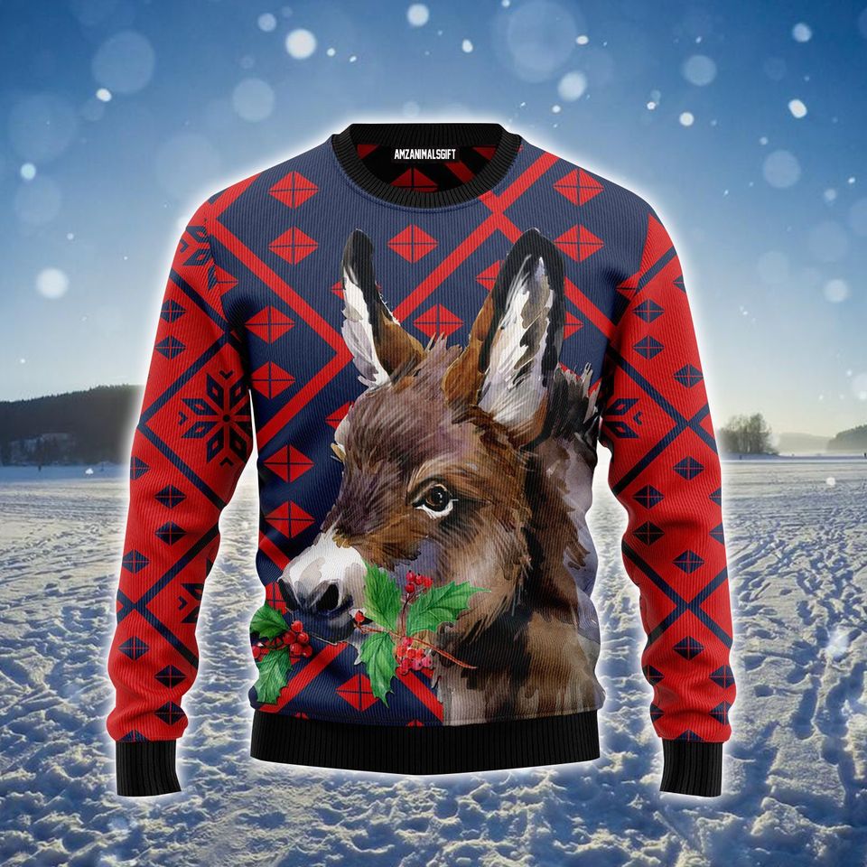 Donkey Ugly Sweater, Cute Donkey _ Red Pattern Ugly Sweater