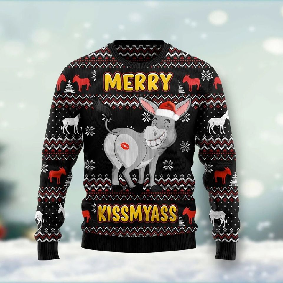 Donkeys Merry Kissmyass 3D Ugly Christmas Sweater