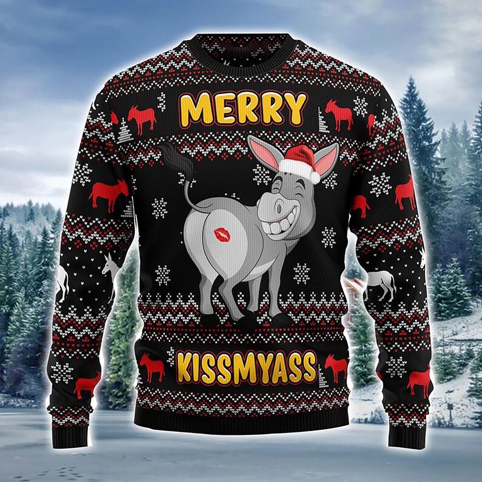 Donkeys Merry Kissmyass Ugly Christmas Sweater, Funny Christmas Ugly Sweater