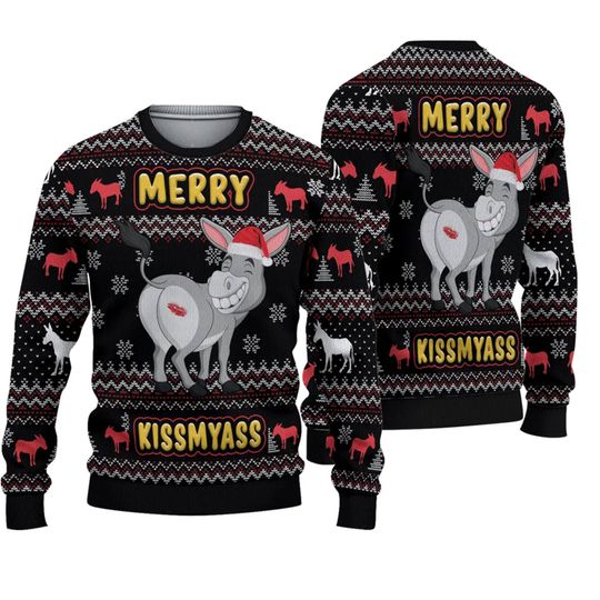 Donkeys Merry Kissmyass Ugly Christmas Sweater, Funny Christmas Ugly Sweater - Image 2
