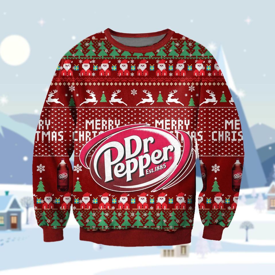 Dr Pepper Soda Sweater, Beverage Ugly Christmas Sweater, Dr Pepper Fan Holiday Sweater