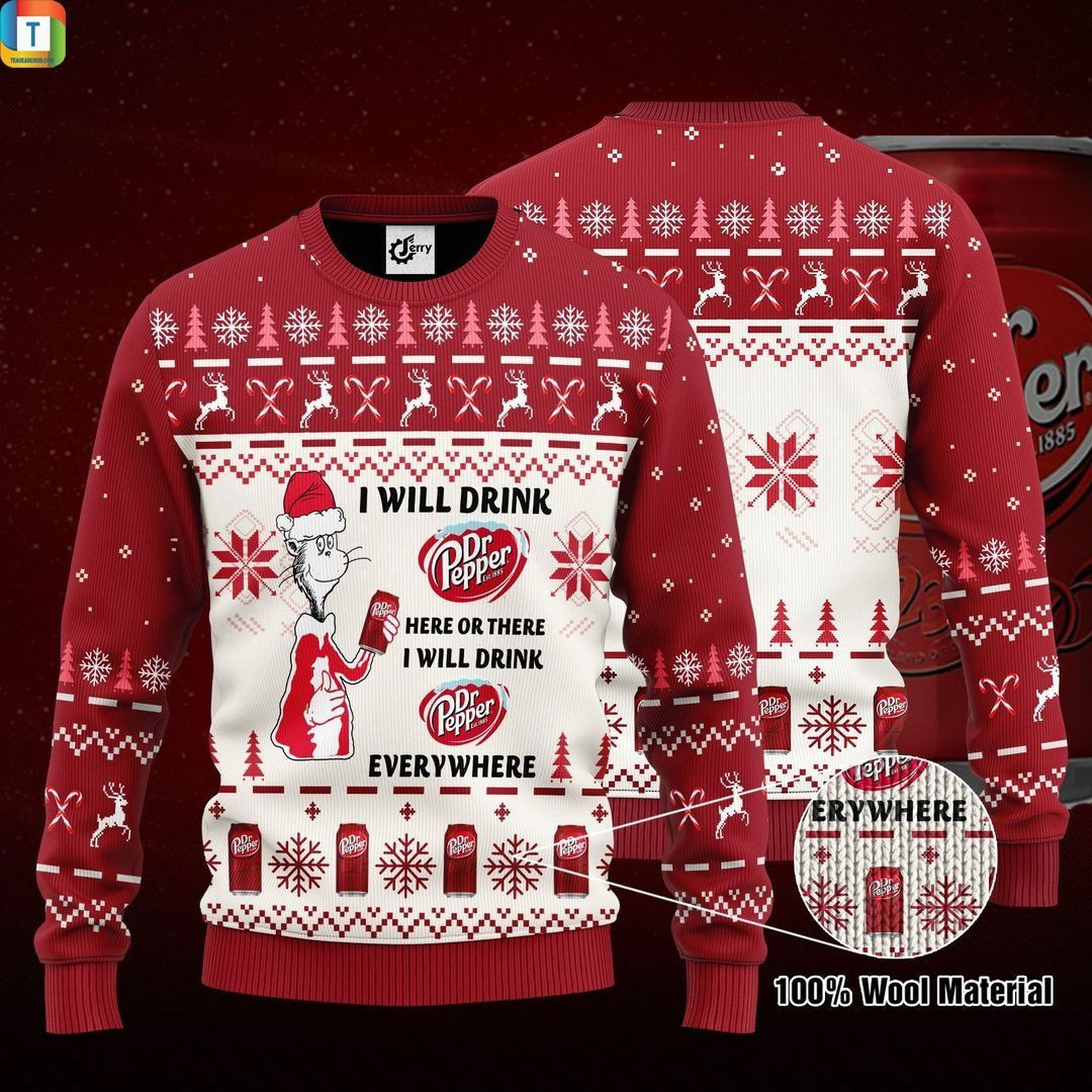 Dr Seuss I Will Drink Dr Pepper Here Or There Ugly Christmas Sweater Adult 3D Funny Matching for family