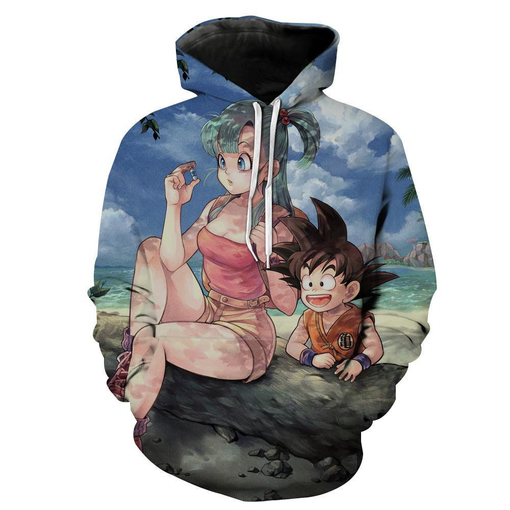 Dragon Ball Z Kid Goku And Bulma Blue 3D All Over Print Hoodie, Zip Hoodie