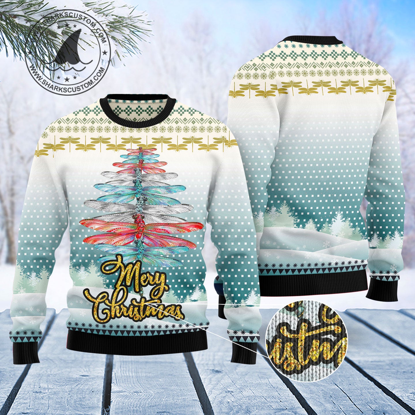 Dragonfly Color Christmas Tree Ugly Christmas Sweater - Image 3