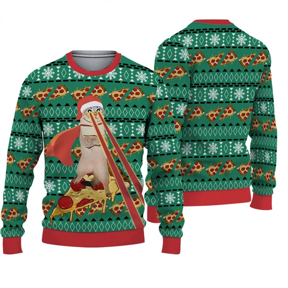 Drax Pizza Cat With Laser Eyes Ugly Christmas 3D Sweater
