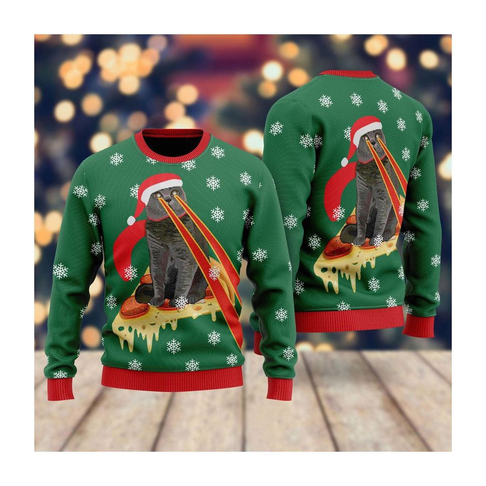 Drax Pizza Cat With Laser Eyes Ugly Christmas Sweater