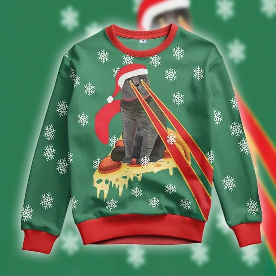 Drax Pizza Cat With Laser Eyes Ugly Christmas Sweater,