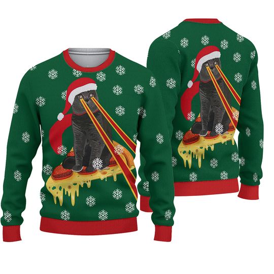 Drax Pizza Cat With Laser Eyes, Ugly Christmas Sweater, Drax Ugly Christmas Sweater - Image 2